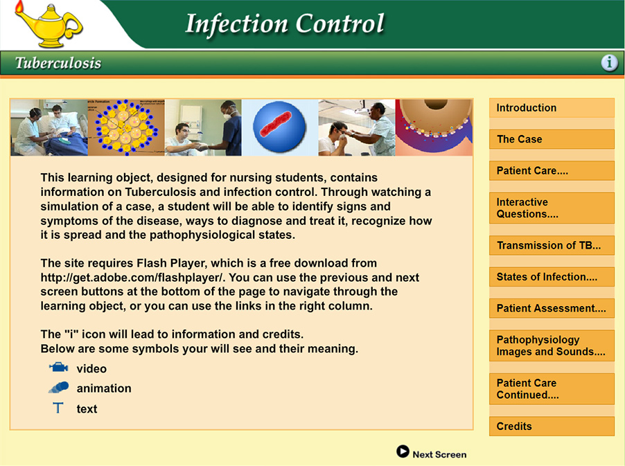 introduction screen explaining the learning module with menu on left