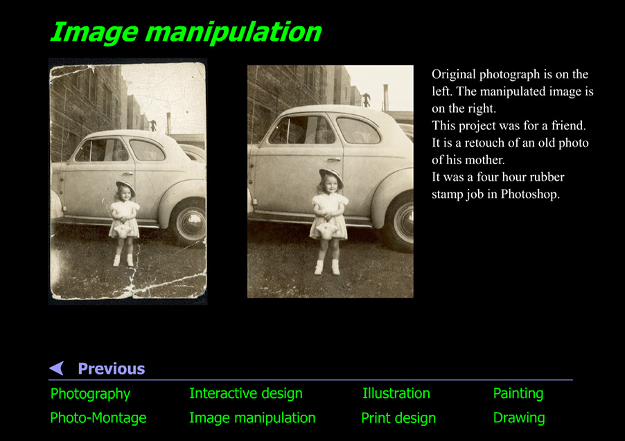 Before and after photos of restored antique photo of little girl beside automobile